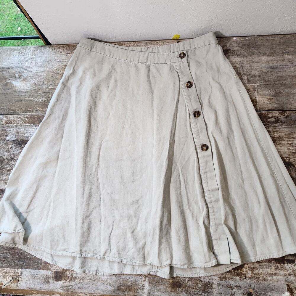 Womens XL Linen Blend Midi Skirt Button Front A Line Coastal Boho Neutral